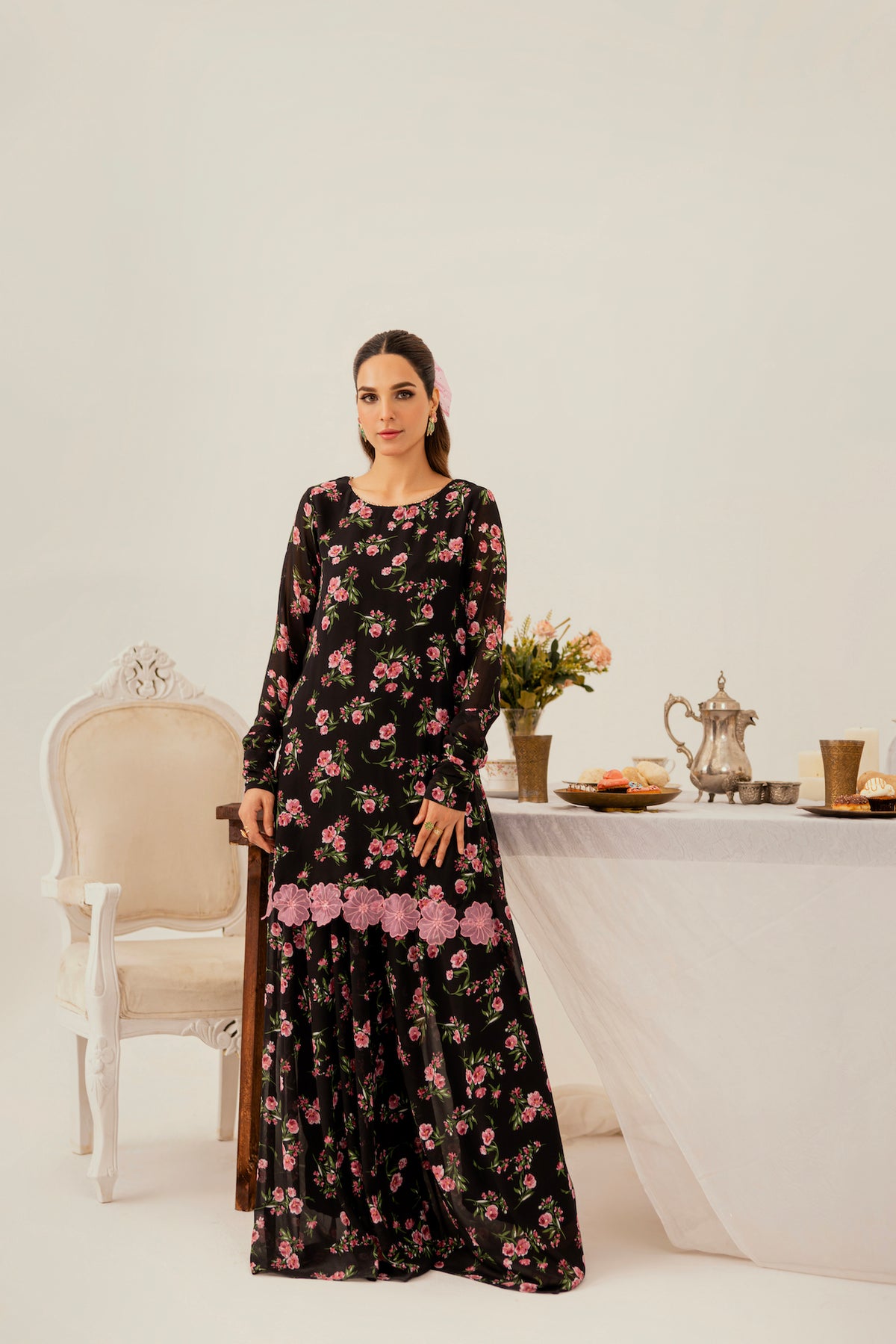 Floral cutwork on front hemline with gathered Trouser